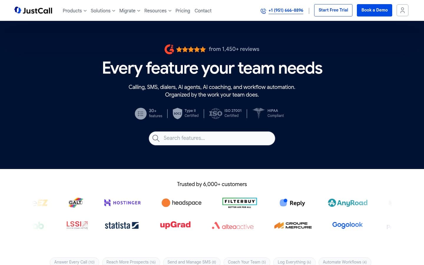 Auto-captured · Features (https://justcall.io/features/)